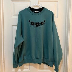 Vintage Top Stitch by Morning Sun Teal Sweatshirt with Floral Embroidery